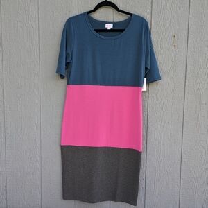 Lularoe Julia Dress Large Colorblock Blue Pink Gray‎